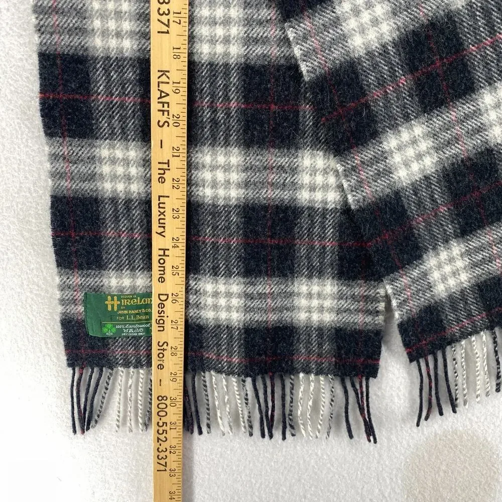 JOHN HANLY & CO FOR LL BEAN Scarf Lambswool Check Fringe Wrap Gray 11